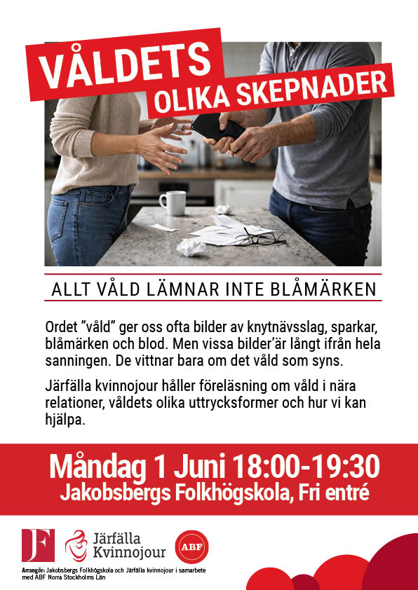 Järfälla kvinnojour ger en gratis föreläsning på Jakobsbergs folkhögskola. Järfälla kvinnojour ger en gratis föreläsning på Jakobsbergs folkhögskola.